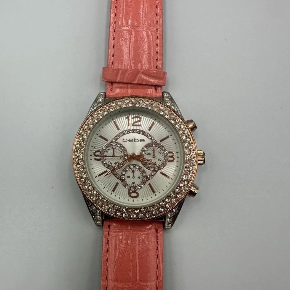 Bebe Watch Women Silver Rose Gold Tone Faux Chronograph Pave Crystal Bezel 9